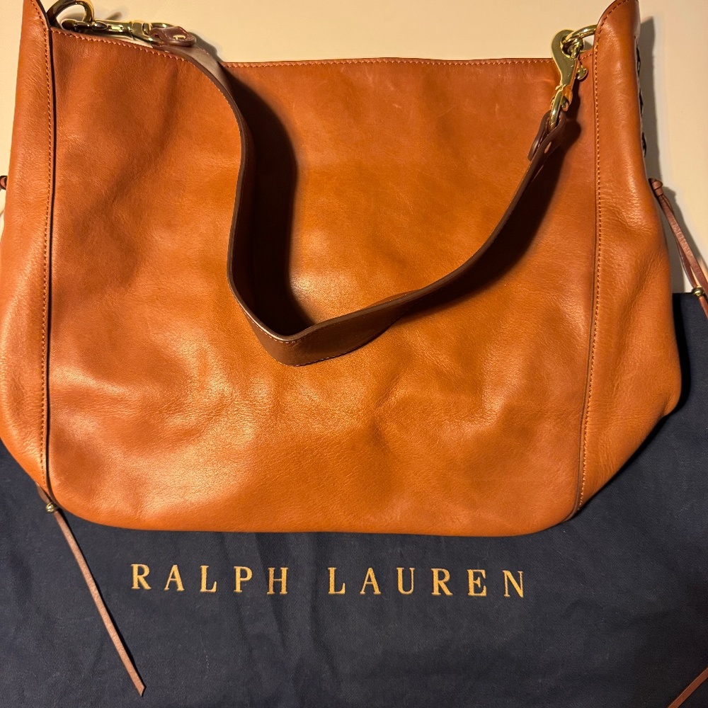 Ralph Lauren Laced Leather Hobo Handbag Tan
